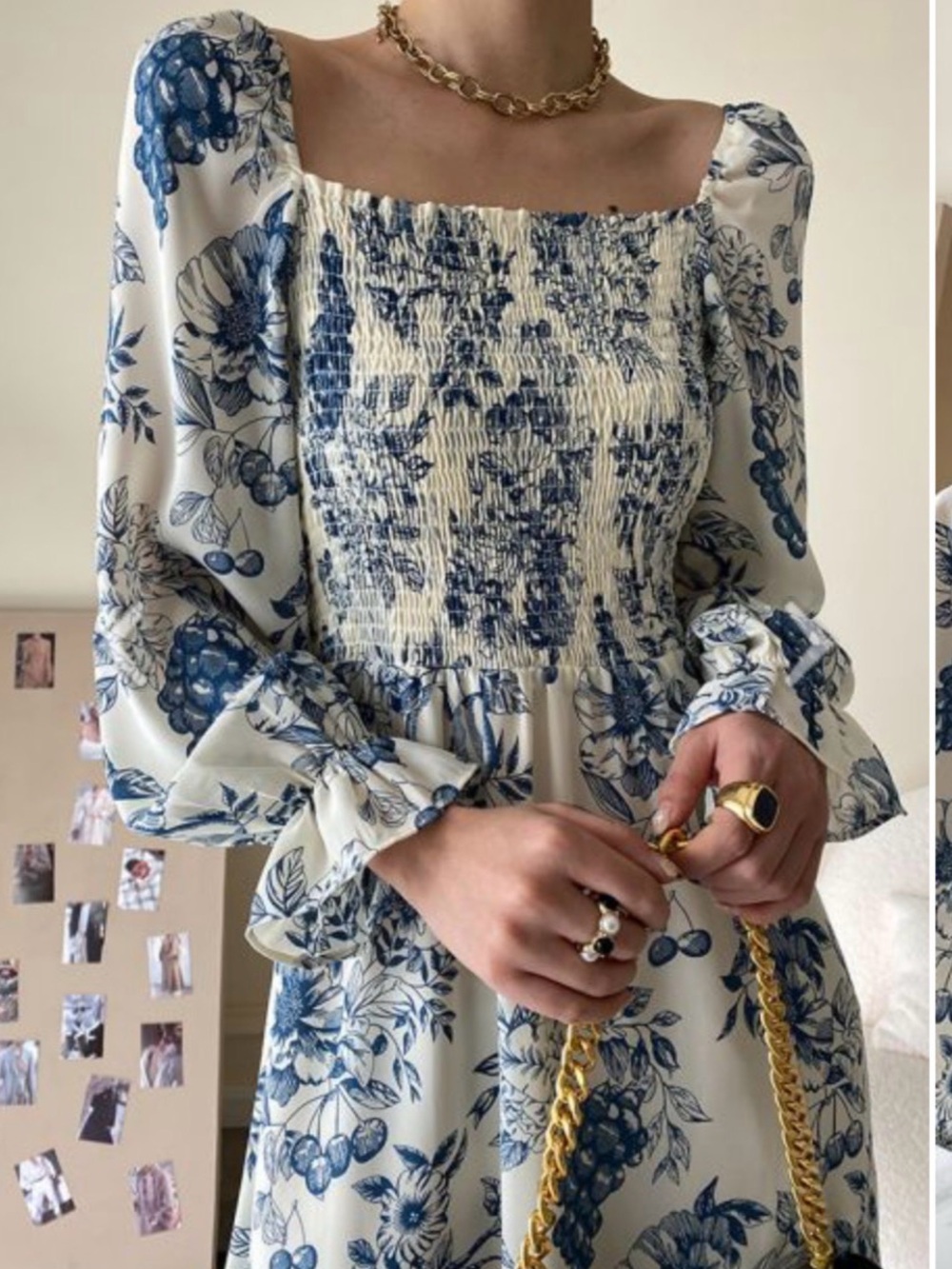 Smocked Square Neck Floral Midi Dress in Cream and Blue